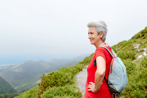 older woman hiker with backpack and gray hair contemplates the mountain landscape on a cloudy day. - 写真・画像