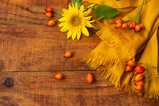 Kompozycja płaska z żółtym dzianinowym szalikiem, jagodami róży i słonecznikiem na drewnianym stole. Przytulna jesień lub koncepcja zimowego odpoczynku. Miejsce na tekst, ramkę, widok z góry, przestrzeń do kopiowania, układ - Zdjęcie, obraz