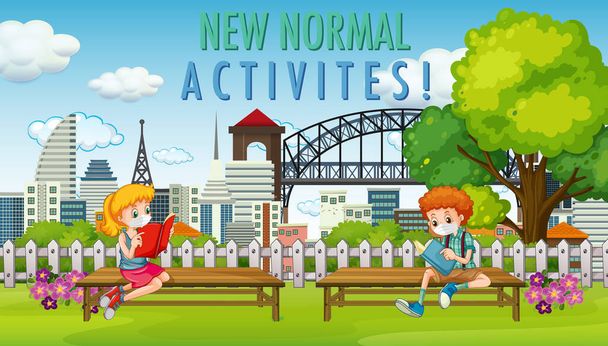 New normal activities with people wearing masks in public park illustration - Vector, Image