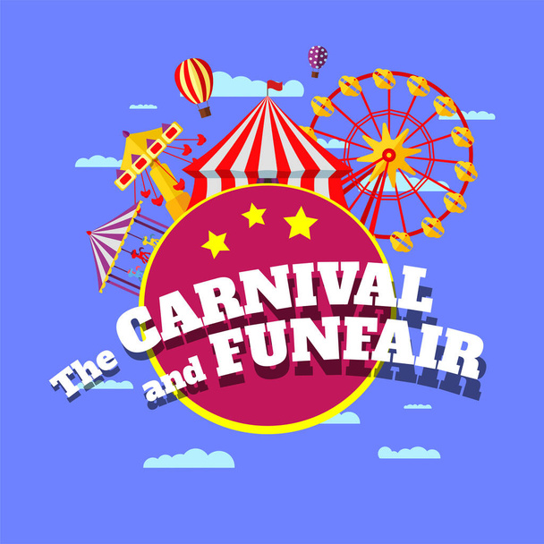 Karnevaalin huvipuiston lippu. Huvipuisto sirkus, karusellit, maailmanpyörä ja karuselli nähtävyyksiä kaiverrus sininen pilvi tausta. Hauskat juhlat. Vektoriesimerkki - Vektori, kuva