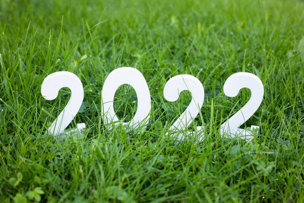 2022年あけましておめでとうございます。緑の芝生の上の白い木製の番号2022 - 写真・画像