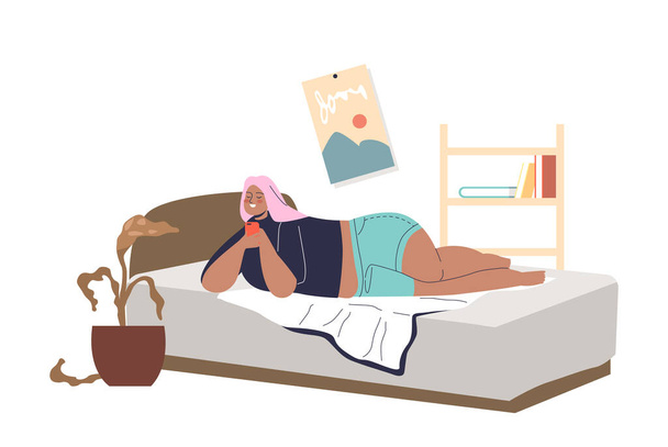 Τεμπέλικο υπέρβαρο κορίτσι που βρίσκεται στο κρεβάτι με το smartphone στα χέρια κουβεντιάζοντας και κύλιση μέσα στο σπίτι - Διάνυσμα, εικόνα