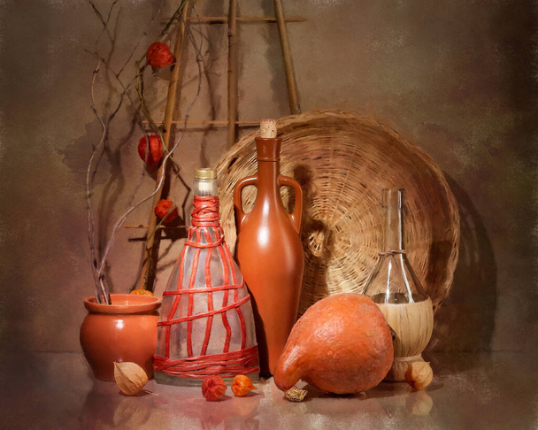 Bodegón con una calabaza naranja y vasos decorativos, estilizado como un dibujo de acuarela. - Foto, Imagen