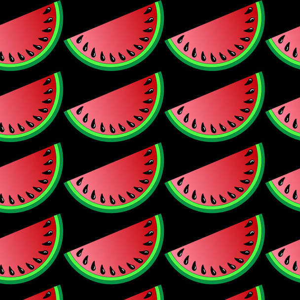 vector illustration, seamless pattern, red slices of watermelon with seeds on a black background, for packaging, wallpaper, textiles - Vecteur, image