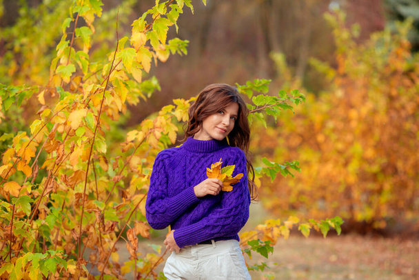 een jonge vrouw in een herfstpark in een paarse trui - Foto, afbeelding