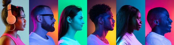 Collage zijaanzicht portretten van een etnisch divers volk geïsoleerd over veelkleurige achtergrond. - Foto, afbeelding