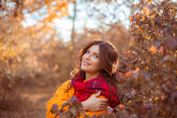 una mujer joven en un suéter naranja se envuelve en una bufanda en un parque de otoño - Foto, Imagen