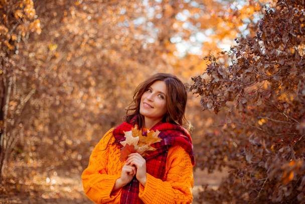 una mujer joven en un suéter naranja se envuelve en una bufanda en un parque de otoño - Foto, Imagen