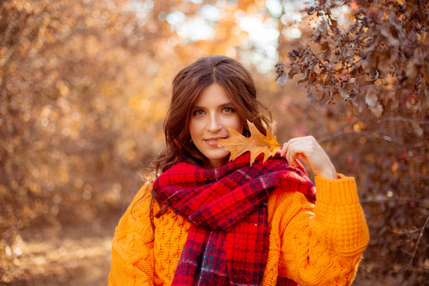 オレンジ色のセーターを着た秋の公園の若い女性が - 写真・画像