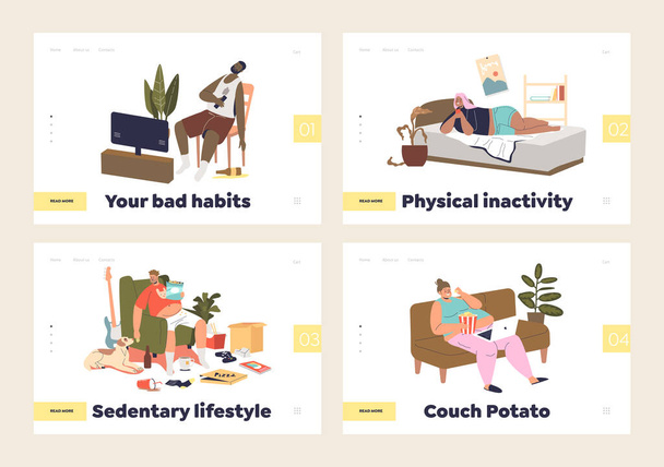 Landing Pages mit Menschen, die unter einem sitzenden Lebensstil und schlechten inaktiven Gewohnheiten zu Hause leiden - Vektor, Bild