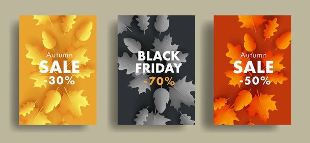Set of autumn sale posters or flyers with fall leaves 3d illustration from center to the edges, different colors - Vector, Imagen