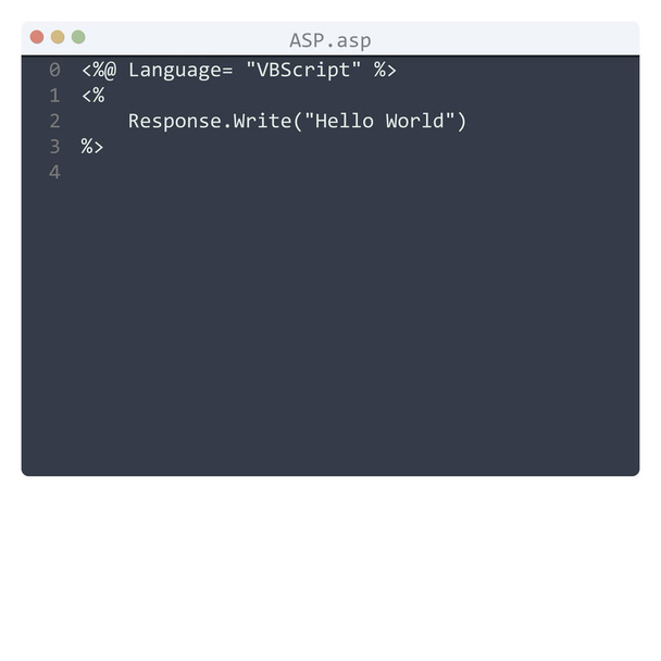 ASP γλώσσα Hello Παγκόσμιο δείγμα προγράμματος στο παράθυρο επεξεργαστή - Διάνυσμα, εικόνα