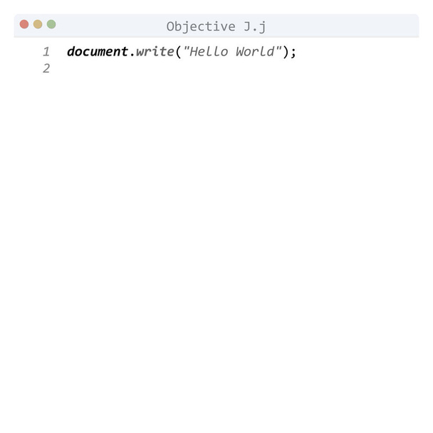 Lengua Objective J Hello World muestra del programa en la ventana del editor - Vector, imagen