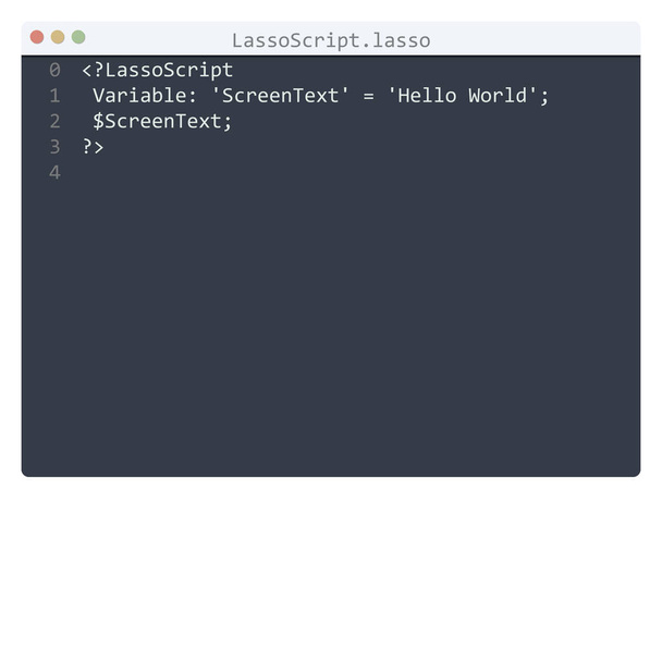 LassoScript γλώσσα Hello Παγκόσμιο δείγμα προγράμματος στο παράθυρο επεξεργαστή - Διάνυσμα, εικόνα