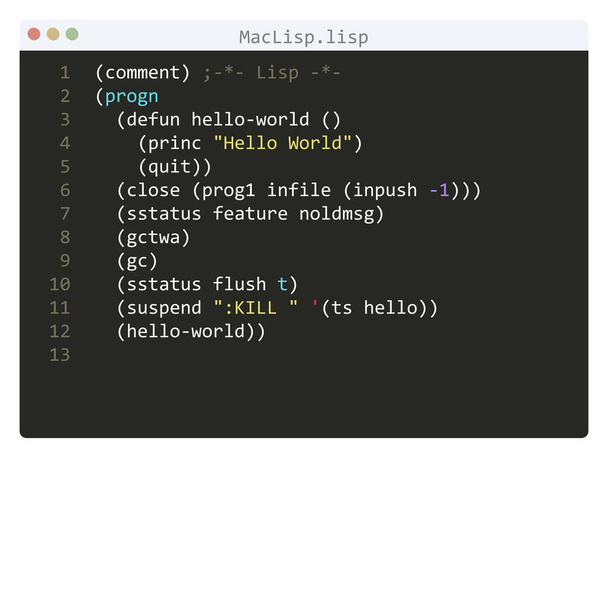 MacLisp-Sprache Hello World Programmbeispiel im Editor-Fenster - Vektor, Bild