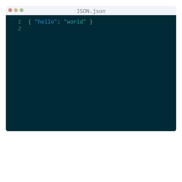 JSON γλώσσα Hello Παγκόσμιο δείγμα προγράμματος στο παράθυρο επεξεργαστή - Διάνυσμα, εικόνα