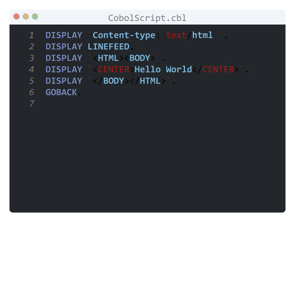 CobolScript γλώσσα Hello Παγκόσμιο δείγμα προγράμματος στο παράθυρο επεξεργαστή - Διάνυσμα, εικόνα