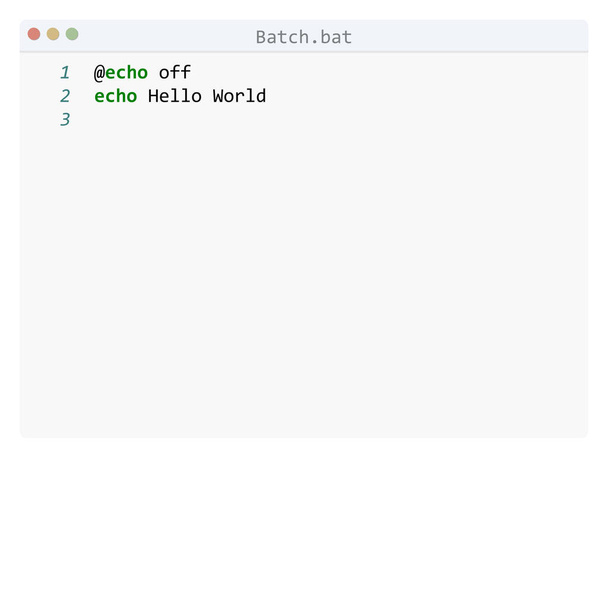 Batch γλώσσα Hello Παγκόσμιο δείγμα προγράμματος στο παράθυρο επεξεργαστή - Διάνυσμα, εικόνα