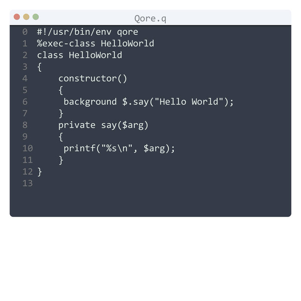 Qore γλώσσα Hello Παγκόσμιο δείγμα προγράμματος στο παράθυρο επεξεργαστή - Διάνυσμα, εικόνα