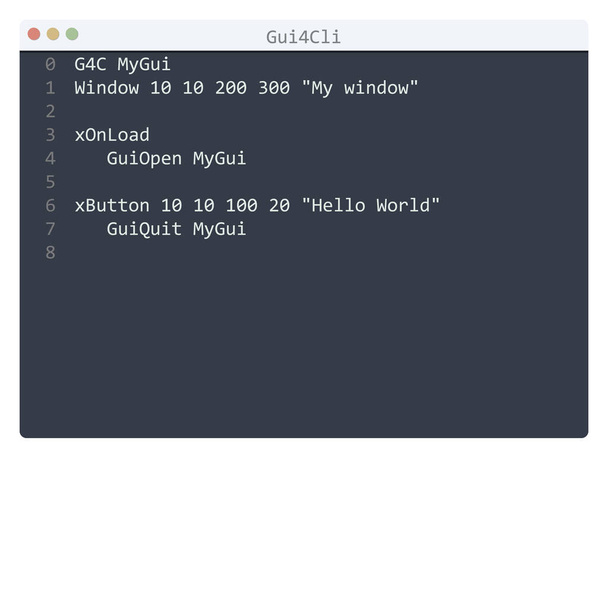 Gui4Cli γλώσσα Hello Παγκόσμιο δείγμα προγράμματος στο παράθυρο επεξεργαστή - Διάνυσμα, εικόνα