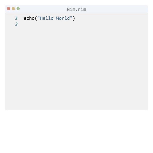 Nim language Hello World program sample in editor window - Вектор, зображення