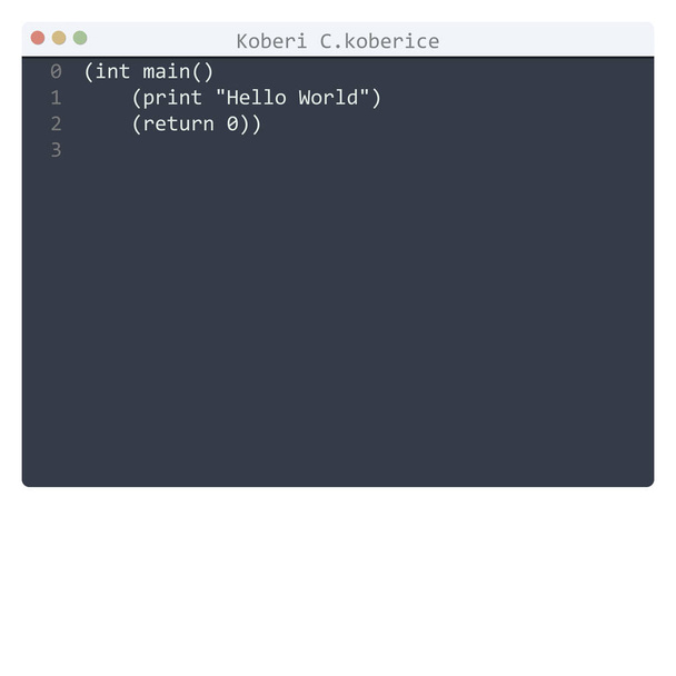 Koberi C-Sprache Hello World Programmbeispiel im Editor-Fenster - Vektor, Bild