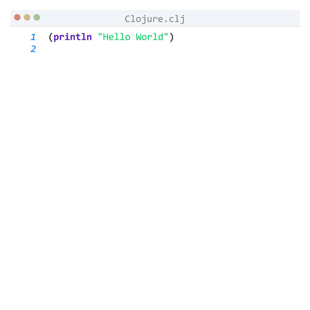 Clojure γλώσσα Hello Παγκόσμιο δείγμα προγράμματος στο παράθυρο επεξεργαστή - Διάνυσμα, εικόνα