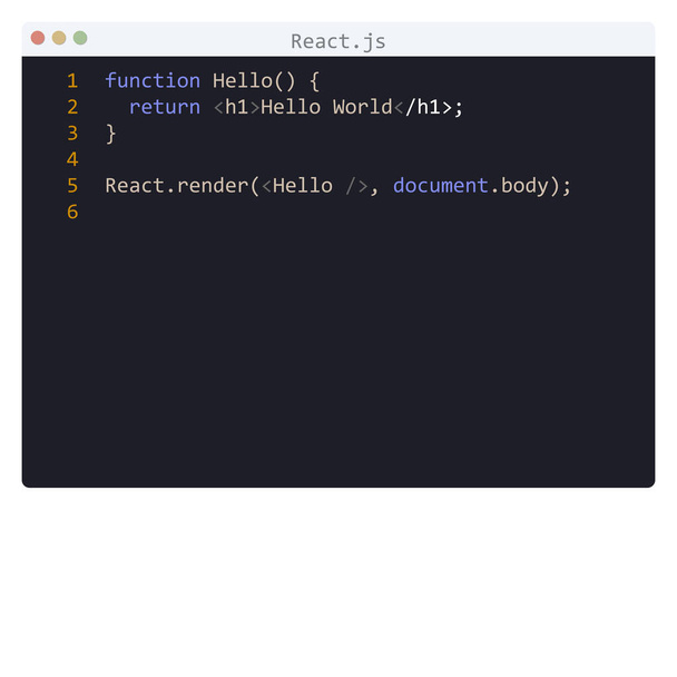 React language Hello World program sample in editor window - Vector, Image