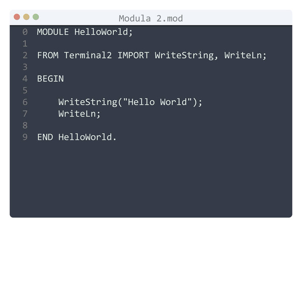 Modula 2 taal Hello World programma sample in editor window - Vector, afbeelding
