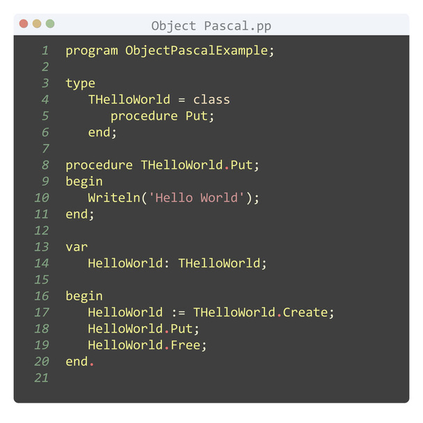 Object Pascal language Hello World program sample in editor window - Вектор, зображення