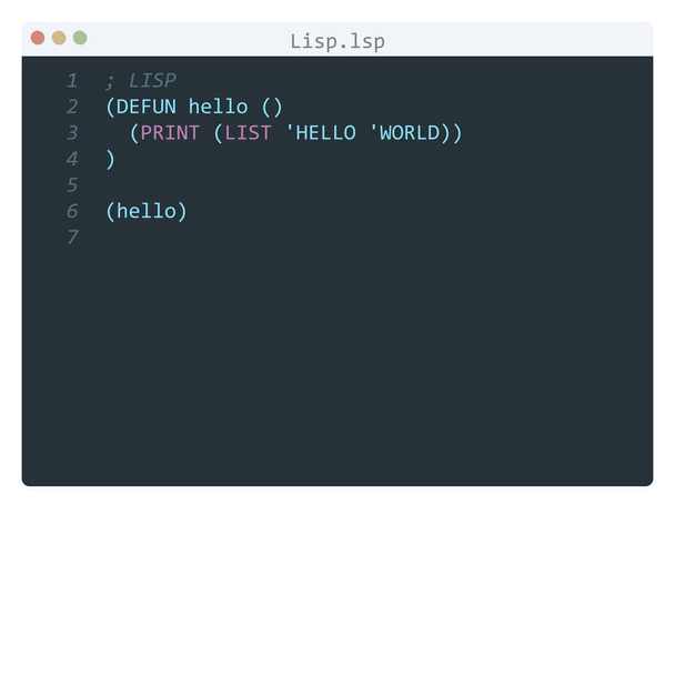 Lisp γλώσσα Hello Παγκόσμιο δείγμα προγράμματος στο παράθυρο επεξεργαστή - Διάνυσμα, εικόνα