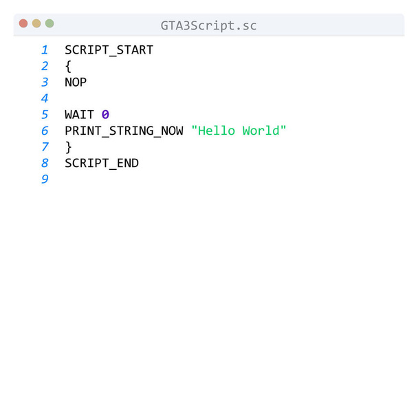 Langage GTA3Script Hello World exemple de programme dans la fenêtre de l'éditeur - Vecteur, image