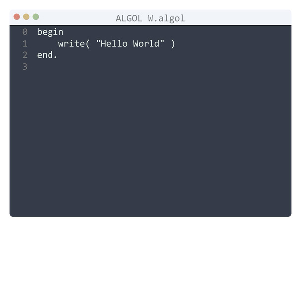 ALGOL W language Hello World program sample in editor window - Vector, Image