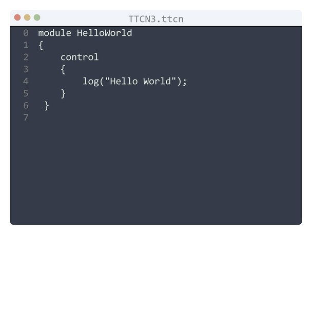 TTCN3 γλώσσα Γεια σας Παγκόσμιο δείγμα προγράμματος στο παράθυρο επεξεργαστή - Διάνυσμα, εικόνα