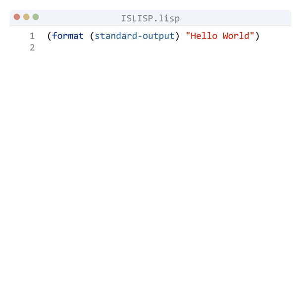 Língua ISLISP Amostra do programa Hello World na janela do editor - Vetor, Imagem