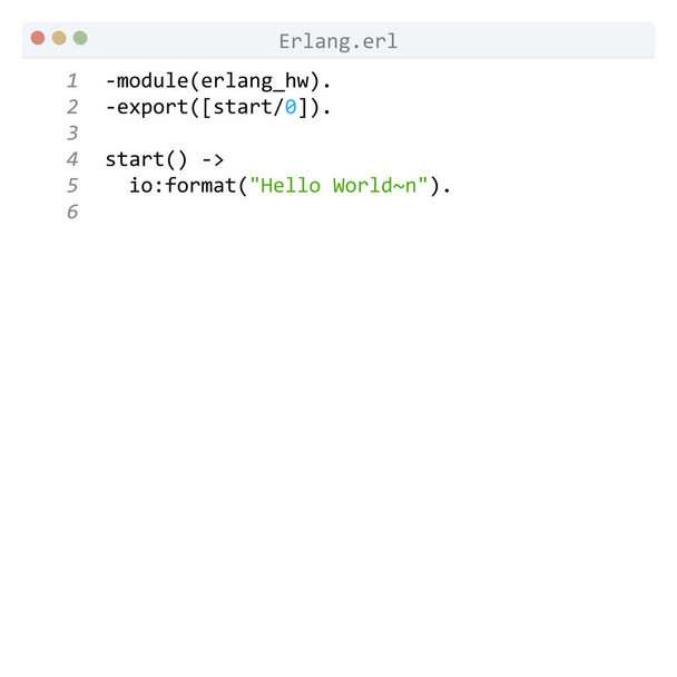 Erlang nyelv Hello World program minta szerkesztő ablakban - Vektor, kép