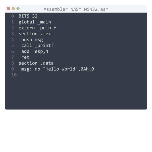 Assembler NASM Win32 Sprache Hello World Programmbeispiel im Editor-Fenster - Vektor, Bild