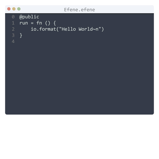 Langue Efene Hello World échantillon de programme dans la fenêtre de l'éditeur - Vecteur, image