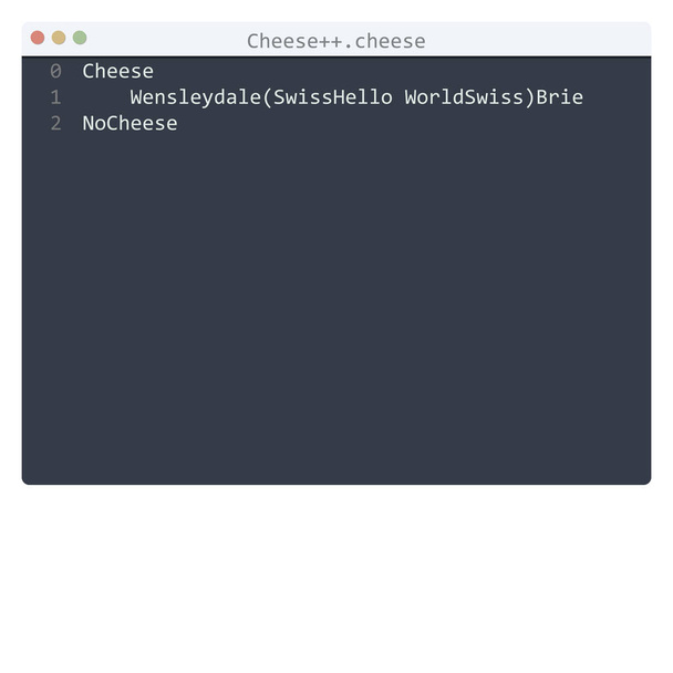 Cheese++ language Hello World program sample in editor window - Vektor, obrázek
