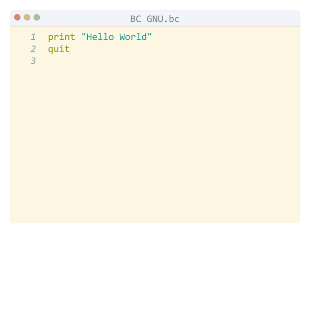 BC GNU language Hello World próbka programu w oknie edytora - Wektor, obraz