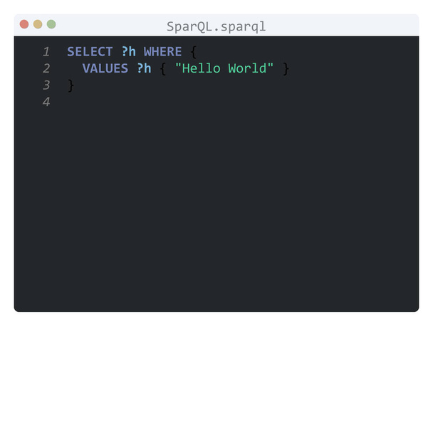SparQL γλώσσα Hello Παγκόσμιο δείγμα προγράμματος στο παράθυρο επεξεργαστή - Διάνυσμα, εικόνα