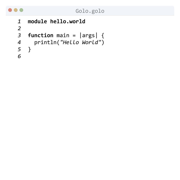 Lengua Golo Hello World muestra del programa en la ventana del editor - Vector, imagen