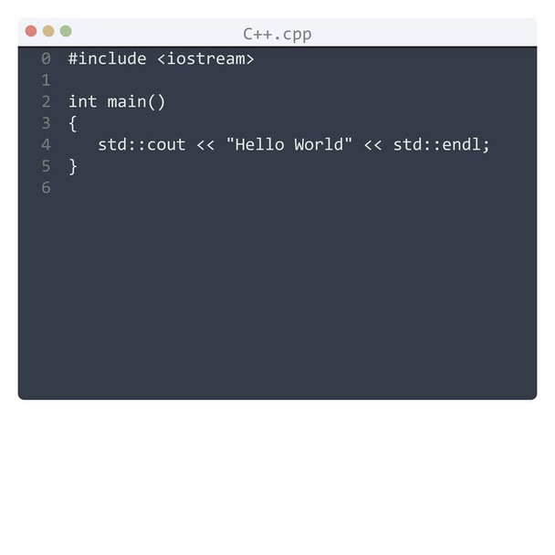 C++言語Hello Worldプログラムサンプルin editorウィンドウ - ベクター画像