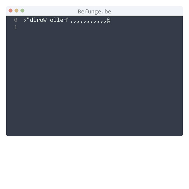 Befunge γλώσσα Hello Παγκόσμιο δείγμα προγράμματος στο παράθυρο επεξεργαστή - Διάνυσμα, εικόνα