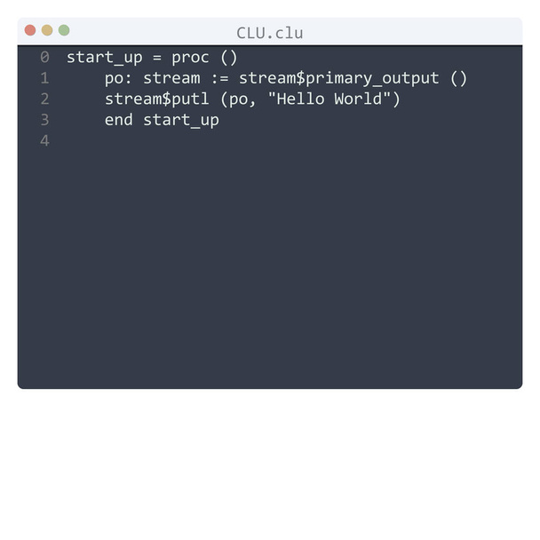 Język CLU Hello World próbka programu w oknie edytora - Wektor, obraz