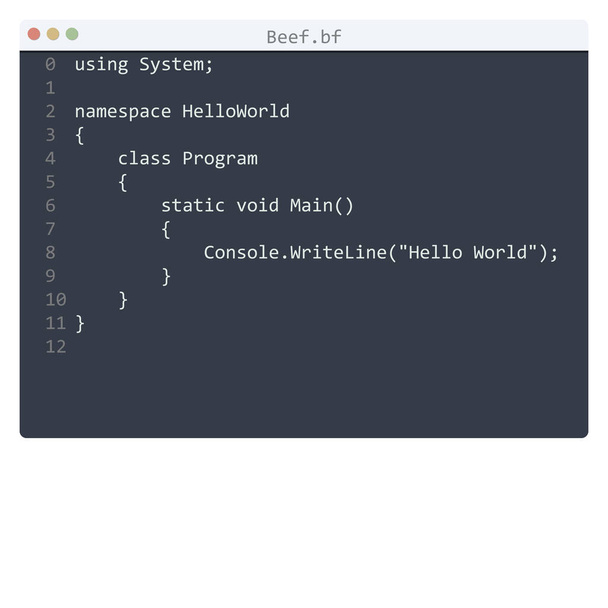 Język wołowiny Hello World próbka programu w oknie edytora - Wektor, obraz
