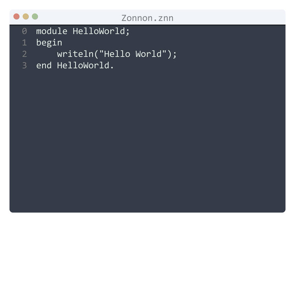Zonnon γλώσσα Hello Παγκόσμιο δείγμα προγράμματος στο παράθυρο επεξεργαστή - Διάνυσμα, εικόνα