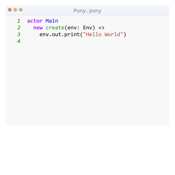 Pony language Hello World program sample in editor window - Vector, Image