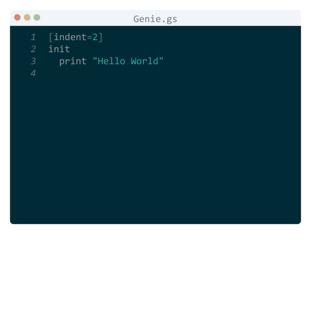 Genie language Hello World program sample in editor window - Вектор, зображення