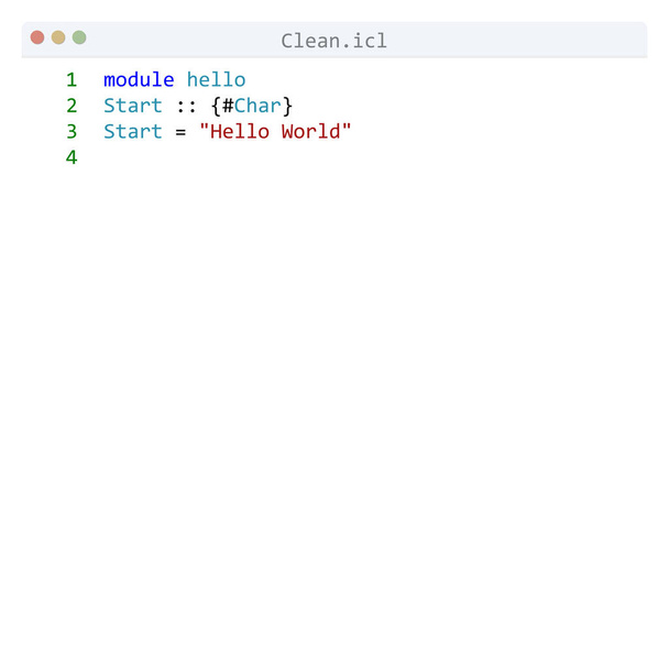 Clean language Hello World program sample in editor window - Vector, Image